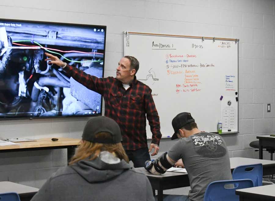 Teacher pointing at tv screen with white board behind him